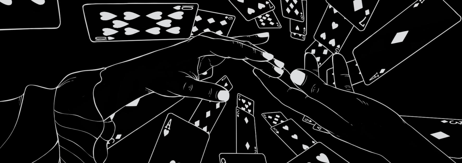 black and white art showing one hand touching the fingertips of another hand, with the backdrop showcasing a spiral of playing cards.